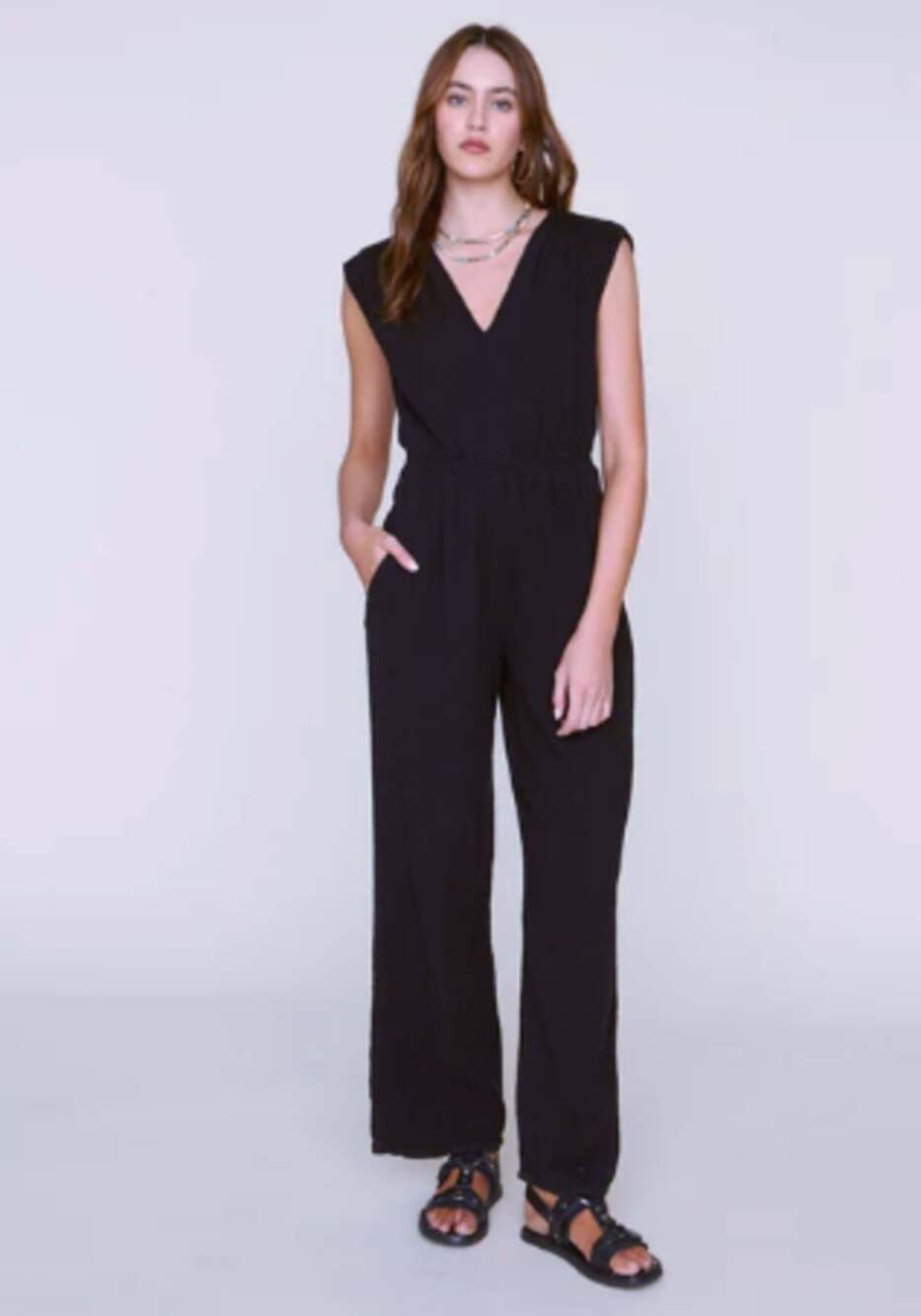 XIRENA Nell Black Size L Gauze Jumpsuit Lightweight Capsule Travel Relaxed Chic